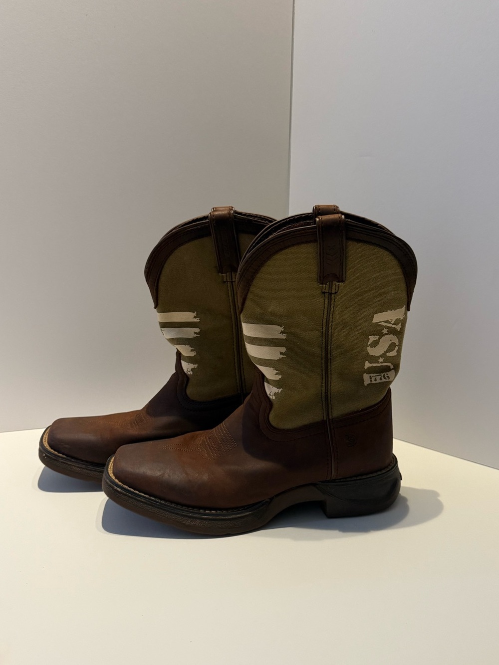Durango Brown Leather Army Green Western Boots USA 1776
